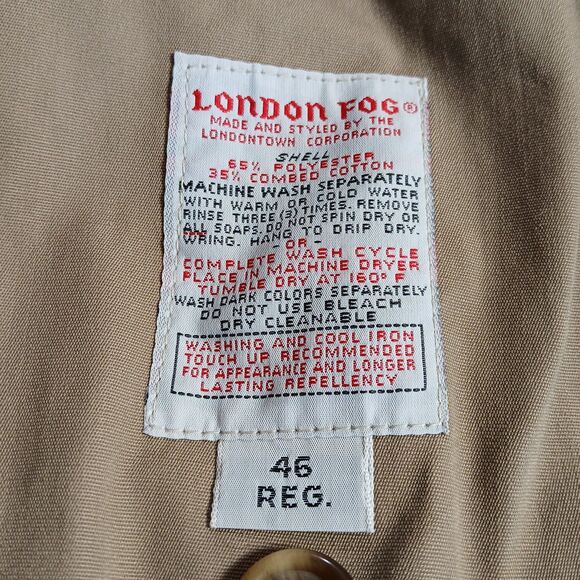 London Fog Trench Coat Mens 46R Khaki Belted Double Breasted Button Vtg USA Made - Picture 5 of 16